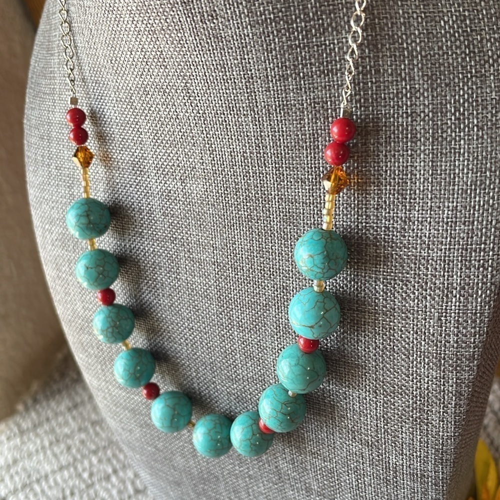 Sterling Silver Turquoise Glass / Coral Necklace - Picture 5 of 8